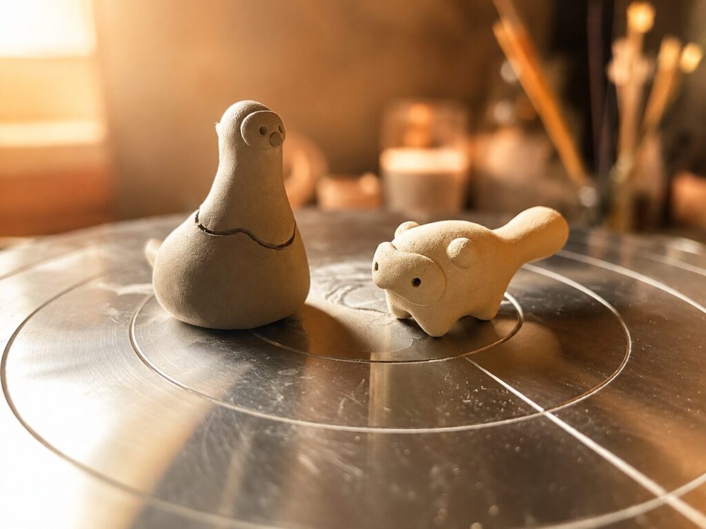 タヌキとキジの粘土細工 画像